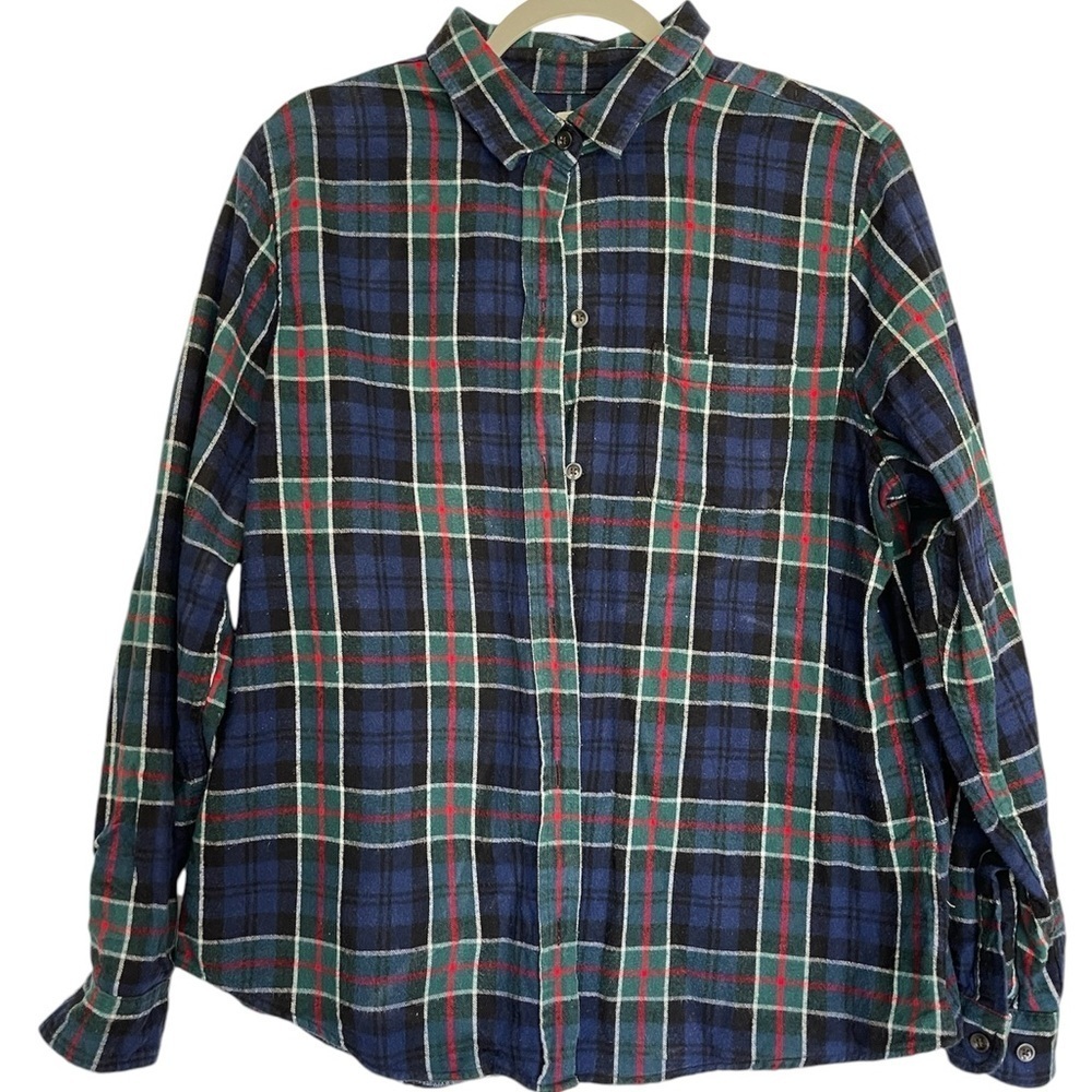 LL Bean Scotch Plaid Green Red Blue Holiday Women’s Relaxed Fit Flannel Shirt L